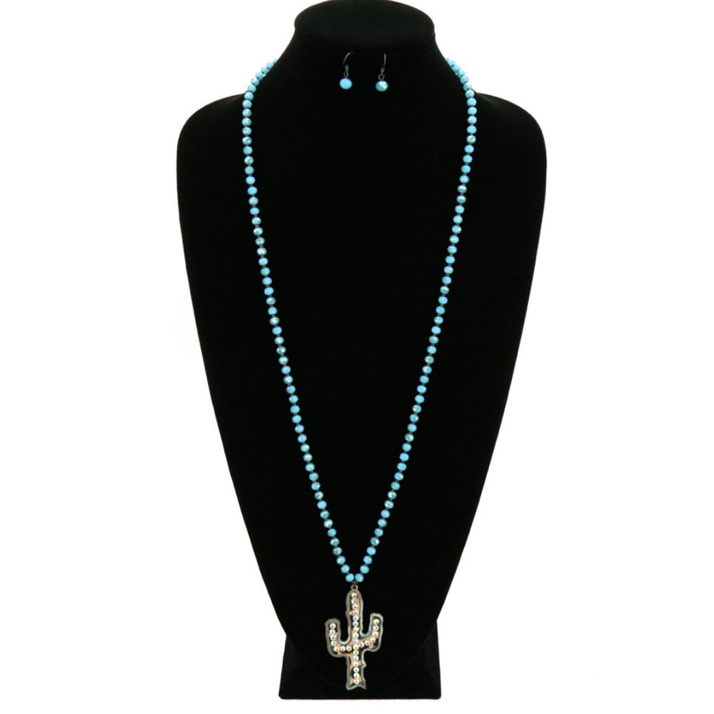 Turquoise Color Beaded Cactus Necklace and Earring Set NWT - Picture 2 of 6